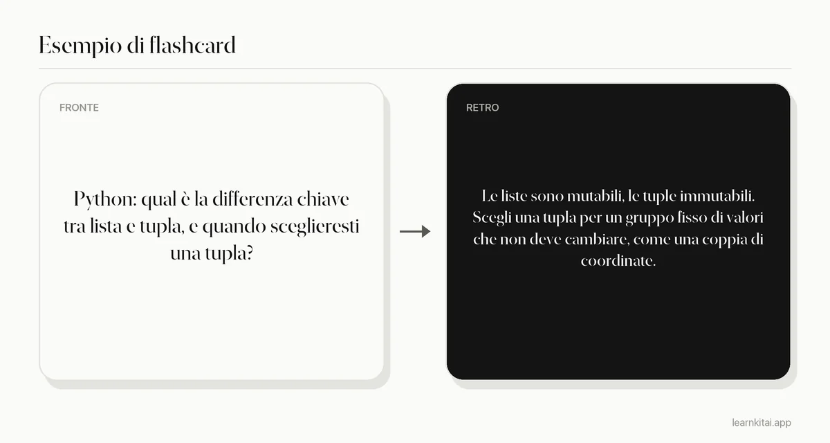 Esempio di flashcard di programmazione che chiede la differenza tra una lista e una tupla in Python e quando usare ciascuna