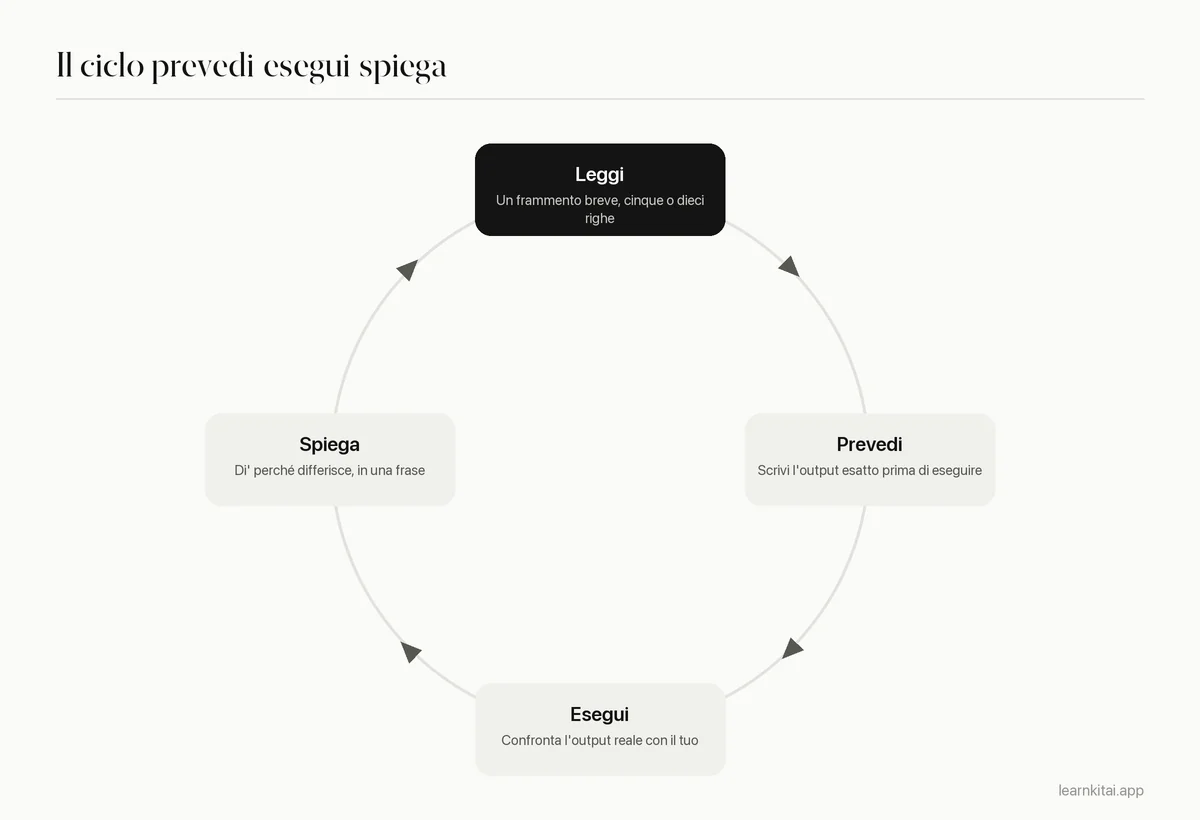 Ciclo in quattro passi per studiare il codice: leggi, prevedi, esegui, spiega la differenza