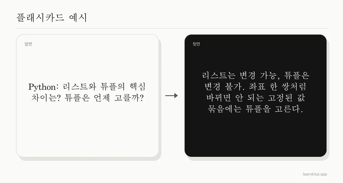 Python 리스트와 튜플의 차이와 각각을 언제 쓰는지 묻는 프로그래밍 플래시카드 예시