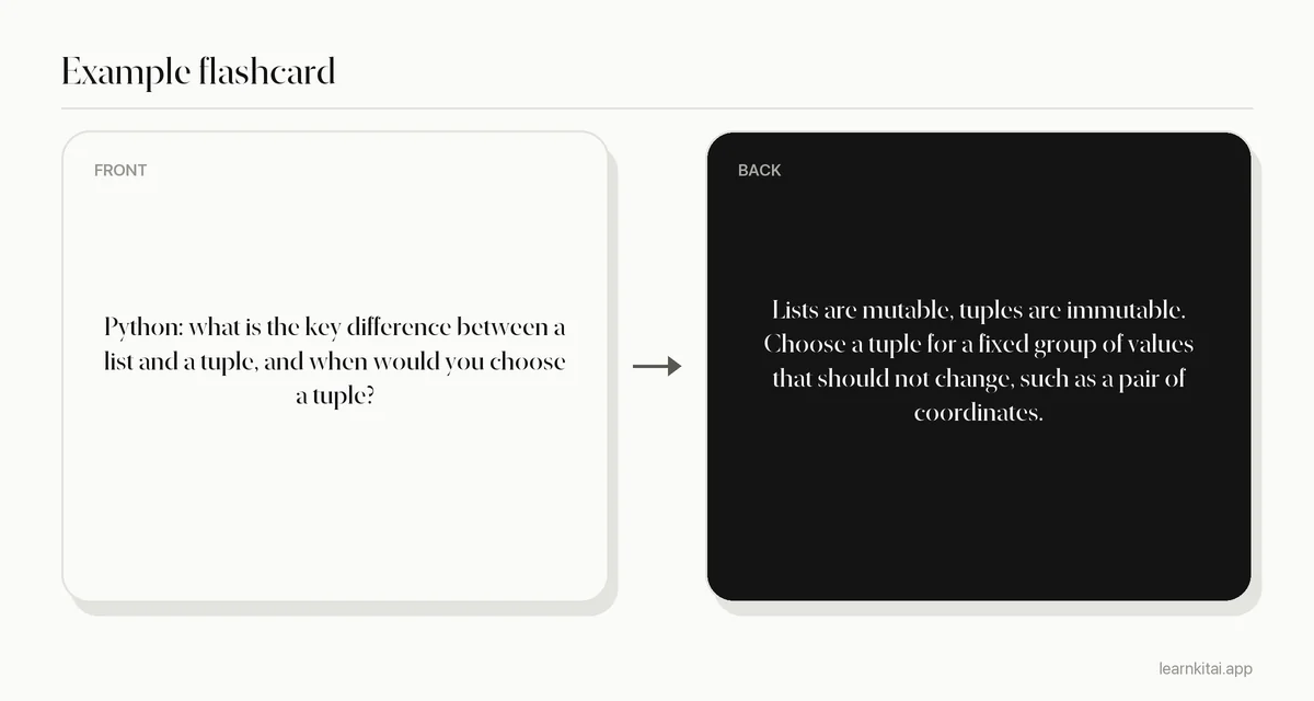 Example programming flashcard asking for the difference between a Python list and a tuple and when to use each
