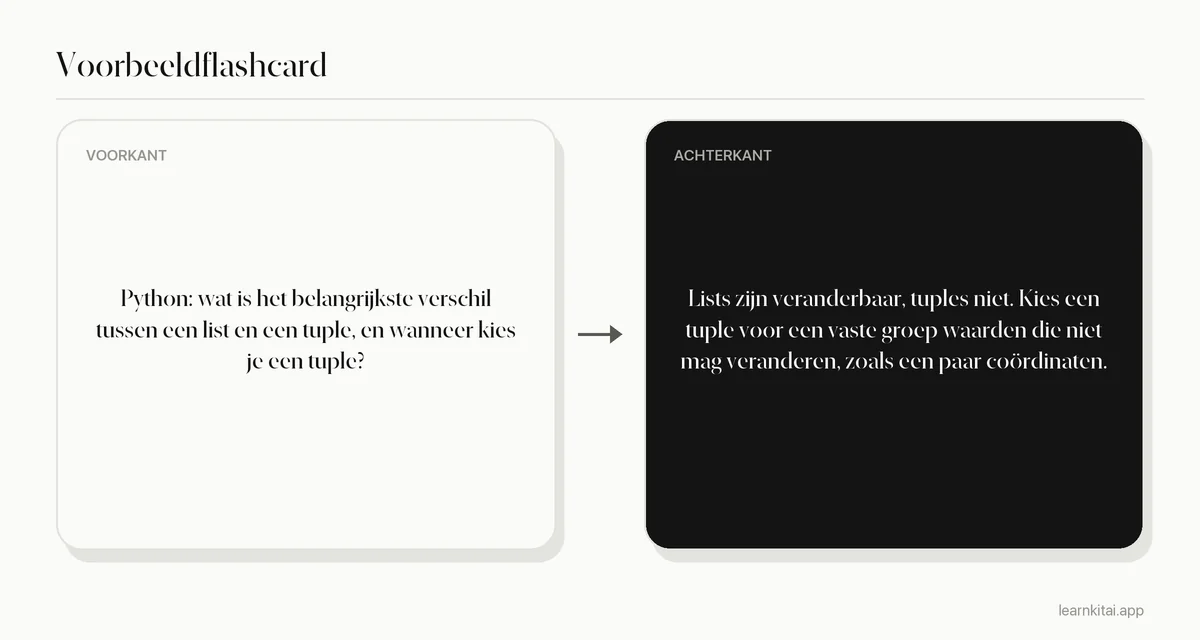 Voorbeeld van een programmeerflashcard met de vraag naar het verschil tussen een Python-lijst en een tuple en wanneer je welke gebruikt