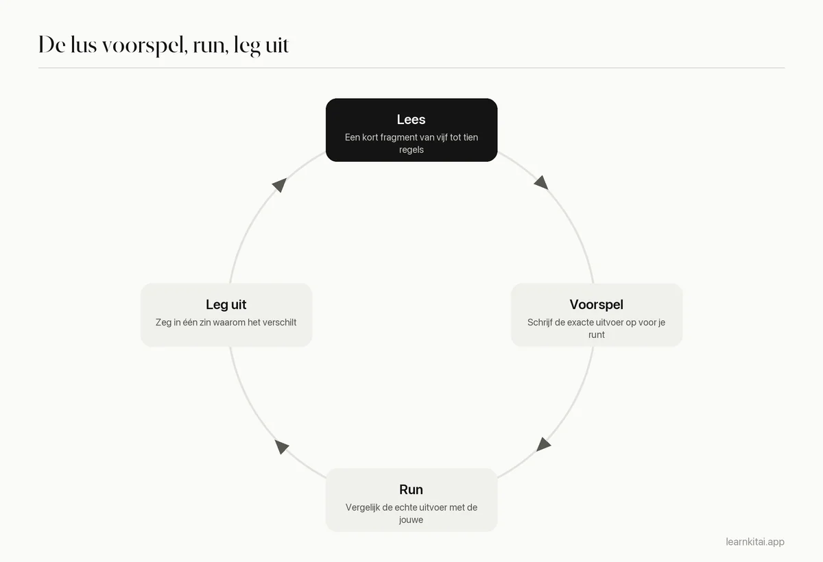 Lus van vier stappen om code te leren: lezen, voorspellen, runnen en het verschil uitleggen
