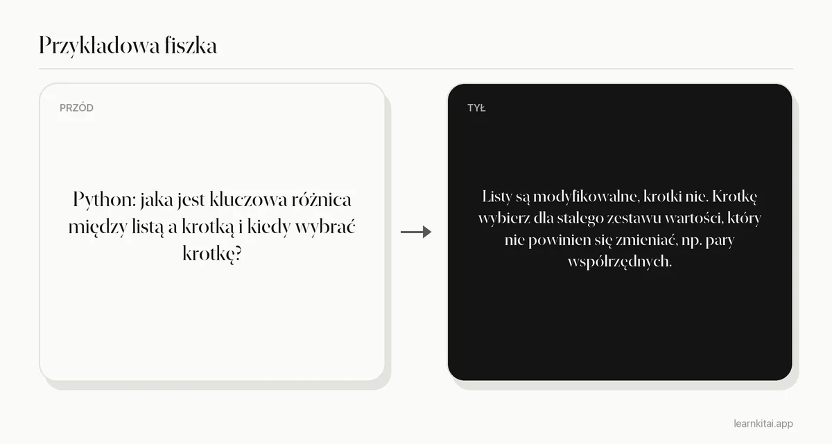 Przykładowa fiszka programistyczna z pytaniem o różnicę między listą a krotką w Pythonie i o to, kiedy używać której
