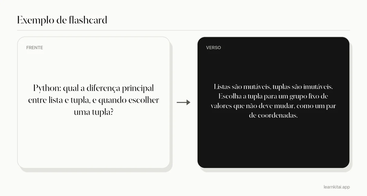 Exemplo de flashcard de programação perguntando a diferença entre lista e tupla em Python e quando usar cada uma