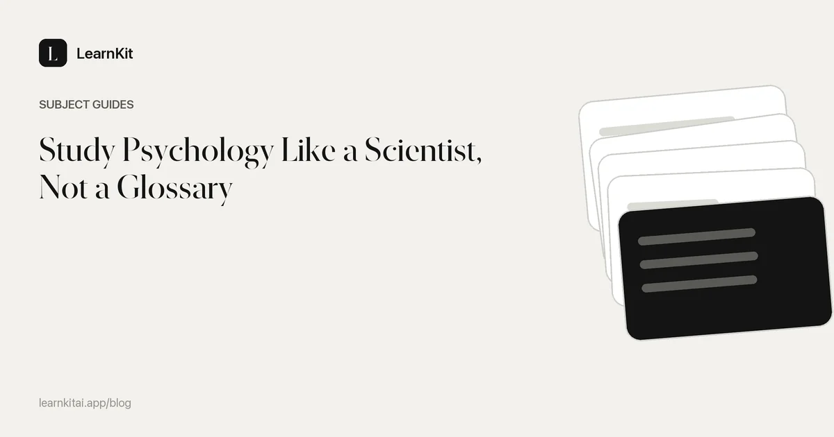 The title Study Psychology Like a Scientist, Not a Glossary over a calm monochrome pattern