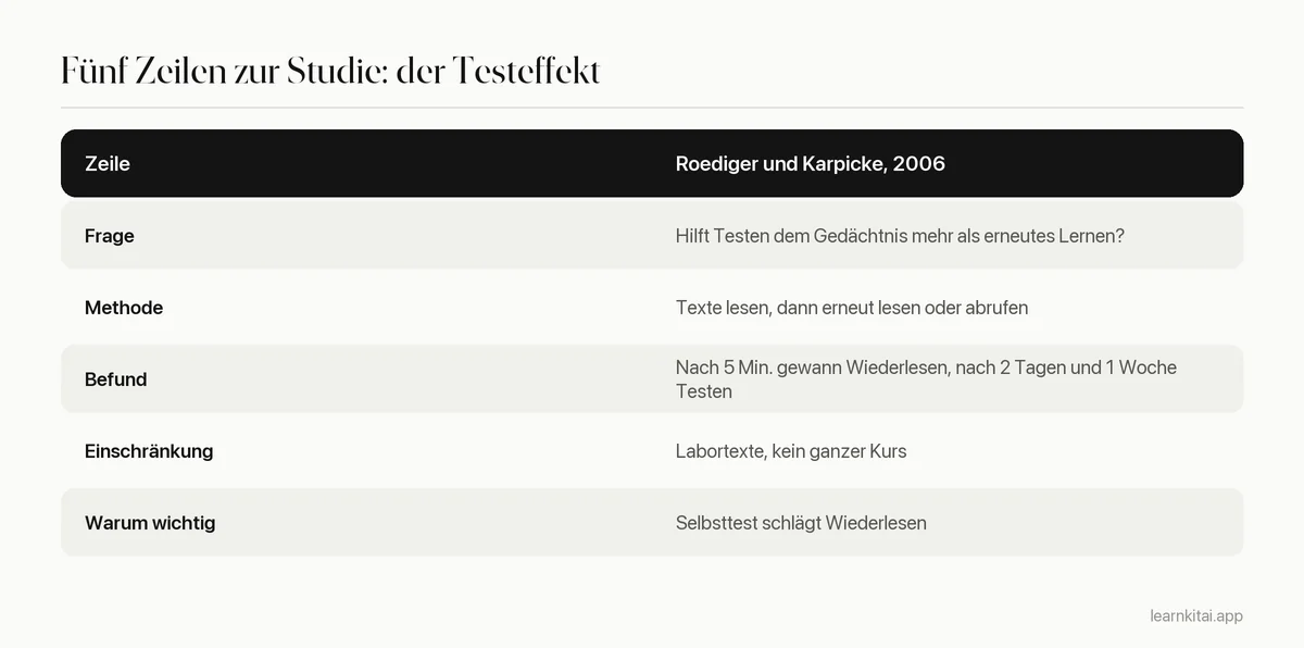 Tabelle mit einer Fünf-Zeilen-Vorlage für Studienzusammenfassungen, ausgefüllt mit der Testeffekt-Studie von Roediger und Karpicke 2006