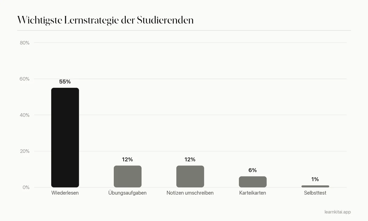 Balkendiagramm des Anteils der 177 Studierenden, die die jeweilige Strategie als wichtigste Lernstrategie nannten, wobei wiederholtes Lesen weit vorne liegt