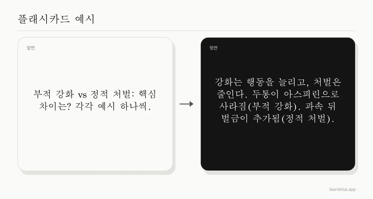 부적 강화와 정적 처벌을 대비하고 각각의 일상 예시를 담은 심리학 플래시카드 예시