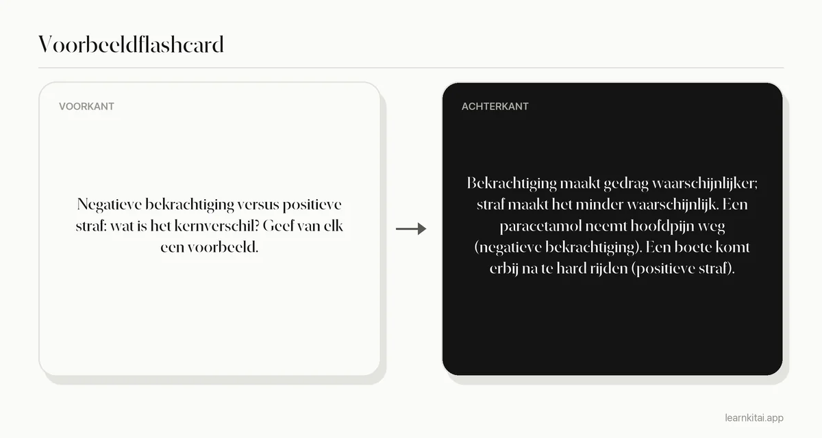 Voorbeeldflashcard voor psychologie waarop negatieve bekrachtiging tegenover positieve straf staat, met een alledaags voorbeeld van elk
