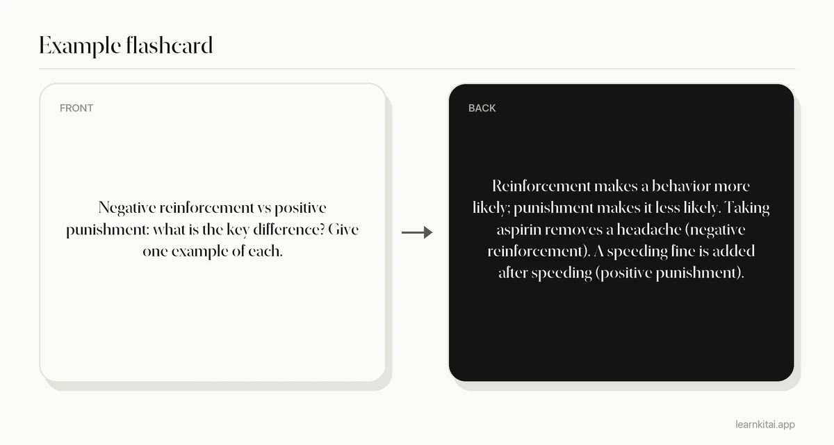 Example psychology flashcard contrasting negative reinforcement with positive punishment, with an everyday example of each