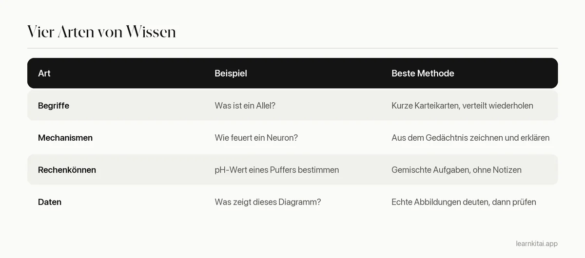 Tabelle der vier Arten von naturwissenschaftlichem Wissen mit je einem Beispiel und der besten Lernmethode