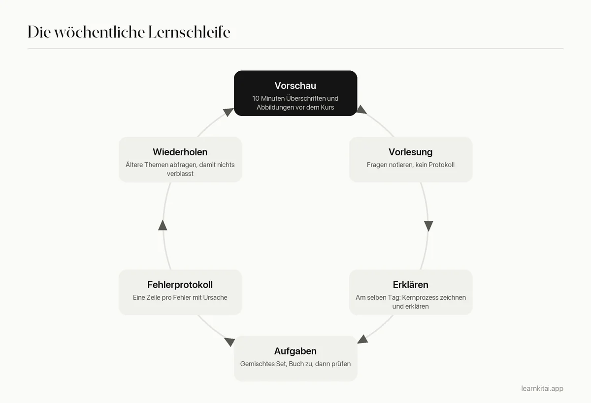Kreisdiagramm einer wöchentlichen Lernroutine für Naturwissenschaften: Vorschau, Vorlesung, aus dem Gedächtnis erklären, gemischte Aufgaben, Fehlerprotokoll und verteilte Wiederholung