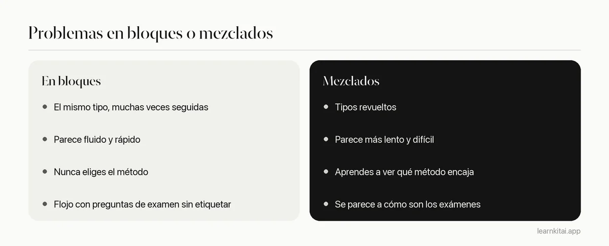 Dos columnas que comparan la práctica de problemas en bloques con la práctica mixta en ciencias