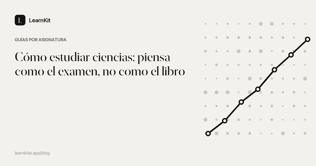 El título Cómo estudiar ciencias: piensa como el examen, no como el libro sobre un patrón monocromo y sereno