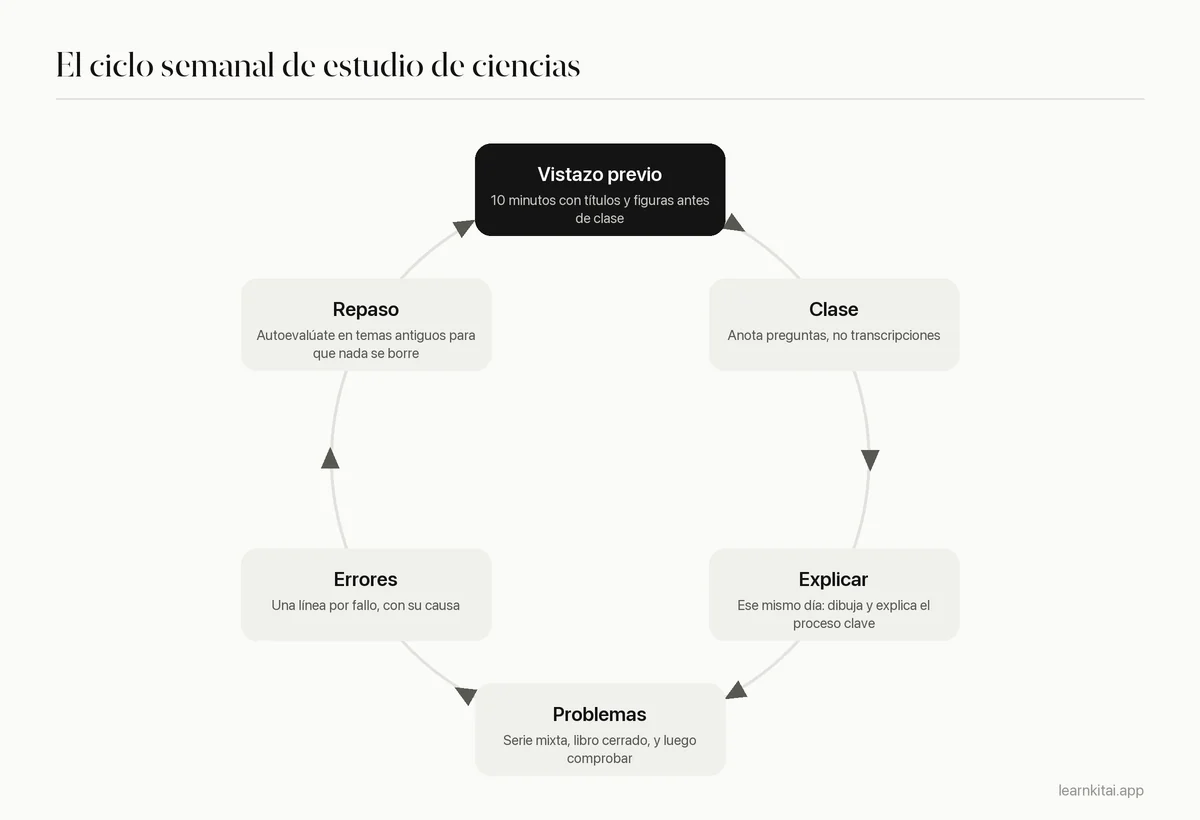 Diagrama cíclico de una rutina semanal de estudio de ciencias: vista previa, clase, explicar de memoria, problemas mixtos, registro de errores y repaso espaciado