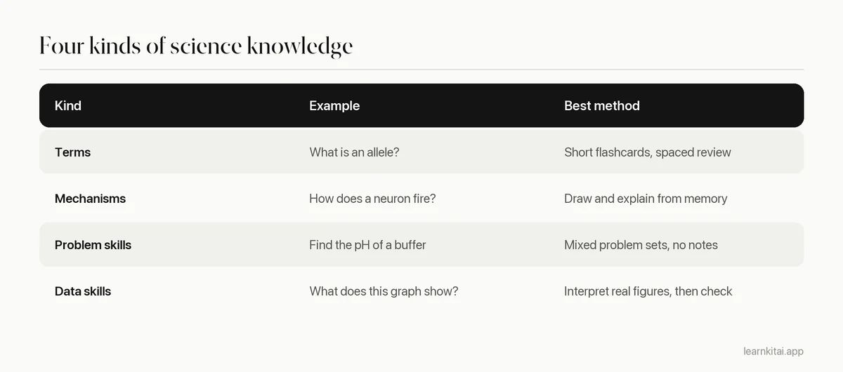 Table of the four kinds of science knowledge with an example of each and the best study method