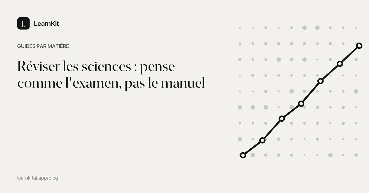 Le titre Réviser les sciences : pense comme l'examen, pas le manuel sur un motif monochrome épuré