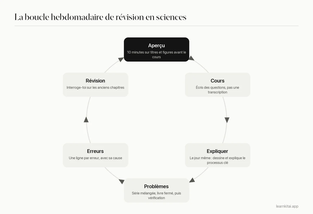 Schéma en cycle d'une routine hebdomadaire de révision des sciences : aperçu, cours, explication de mémoire, problèmes mélangés, carnet d'erreurs et révision espacée