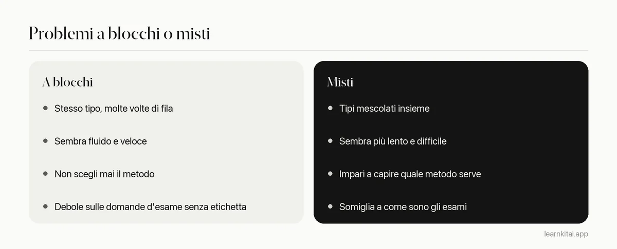 Due colonne che confrontano la pratica dei problemi a blocchi con la pratica mista nelle scienze