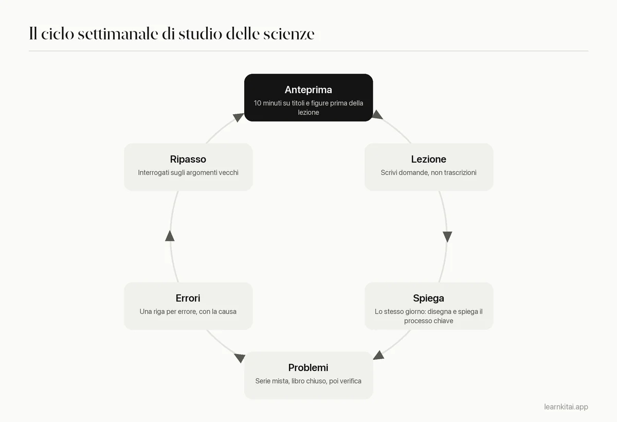 Diagramma ciclico di una routine settimanale di studio delle scienze: anteprima, lezione, spiegazione a memoria, problemi misti, registro degli errori e ripasso dilazionato