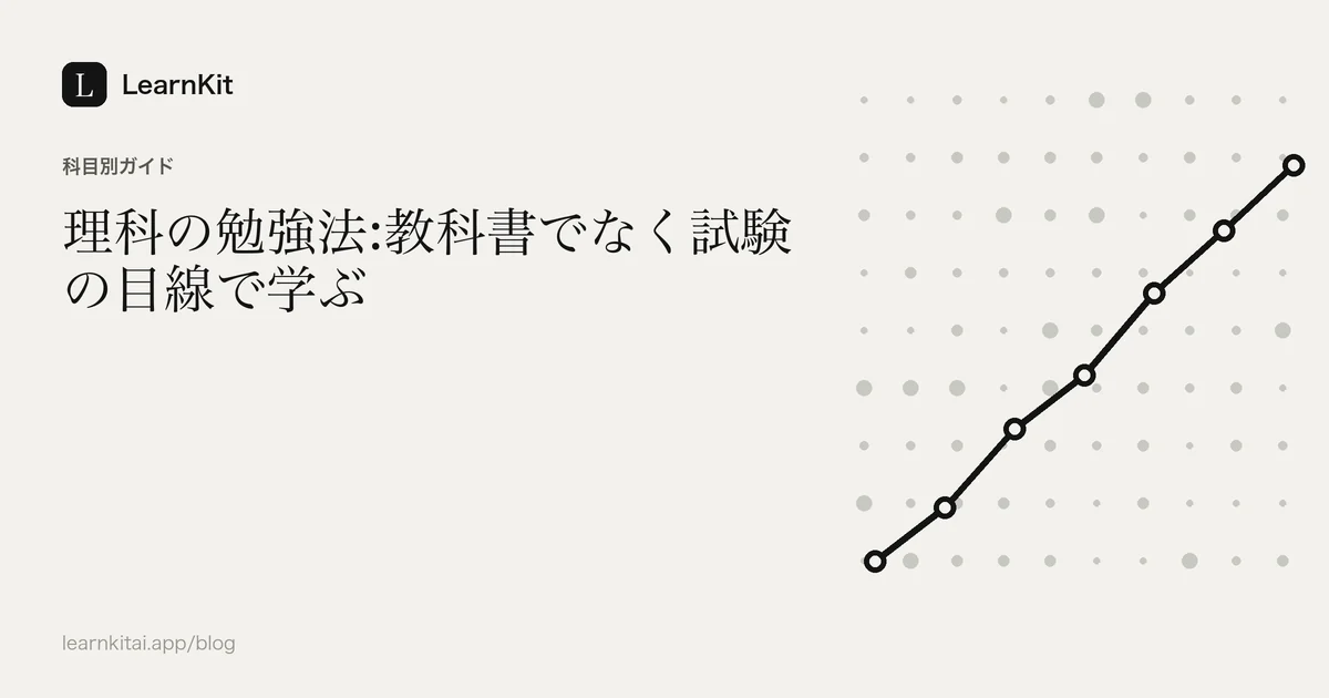 落ち着いたモノクロの模様の上に、タイトル「理科の勉強法:教科書でなく試験の目線で学ぶ」を配置したカバー画像