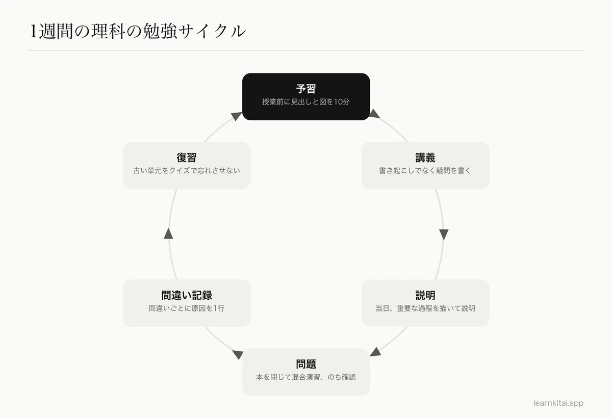 1週間の理科の勉強ルーティンの循環図:予習、講義、記憶から説明、混合問題、間違いの記録、間隔をあけた復習