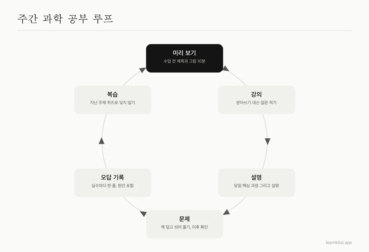 주간 과학 공부 루틴의 순환 다이어그램: 미리 보기, 강의, 기억으로 설명, 섞어 풀기, 오답 기록, 간격 복습