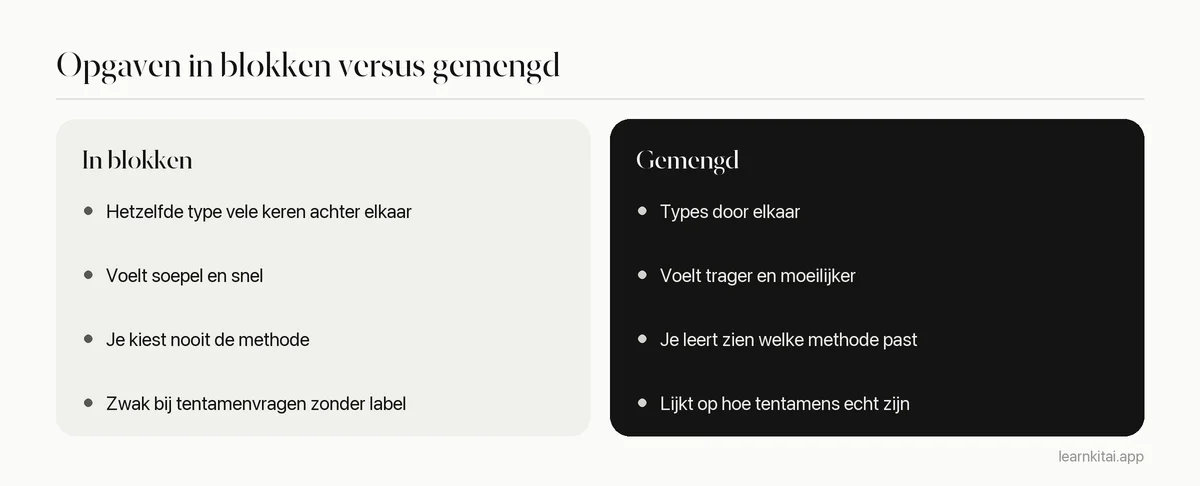 Twee kolommen die oefenen met opgaven in blokken vergelijken met gemengd oefenen bij een bètavak