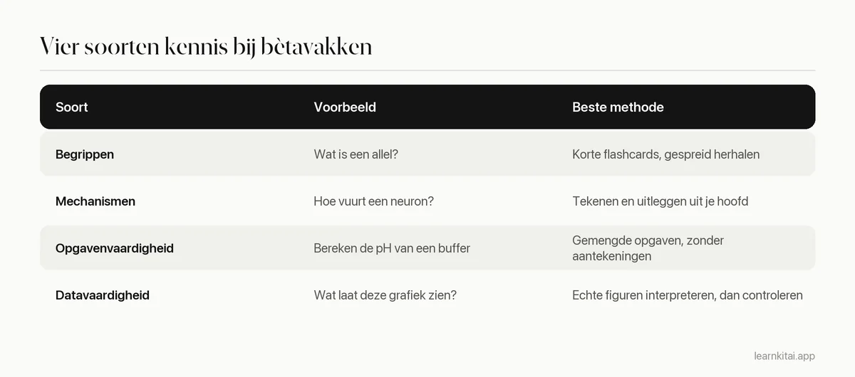 Tabel met de vier soorten kennis bij bètavakken, met van elk een voorbeeld en de beste leermethode