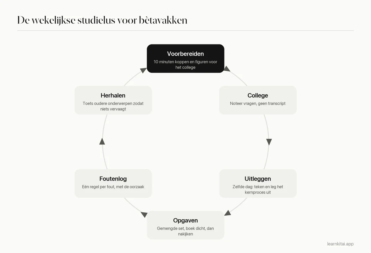 Cyclusdiagram van een wekelijkse studieroutine voor bètavakken: voorbereiden, college, uit het hoofd uitleggen, gemengde opgaven, foutenlogboek en gespreide herhaling