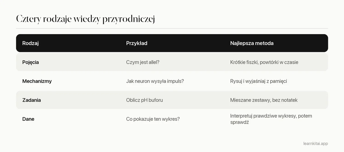 Tabela czterech rodzajów wiedzy przyrodniczej z przykładem każdego i najlepszą metodą nauki