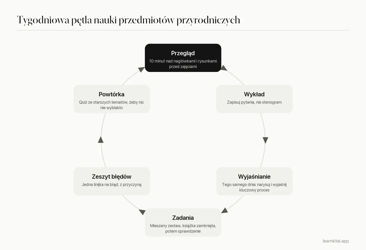 Diagram cyklu tygodniowej rutyny nauki przedmiotów przyrodniczych: przegląd, wykład, wyjaśnianie z pamięci, mieszane zadania, zeszyt błędów i powtórki rozłożone w czasie