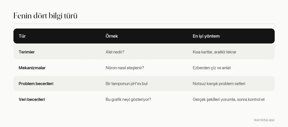 Fenin dört bilgi türünü, her birinin bir örneğini ve en iyi çalışma yöntemini gösteren tablo
