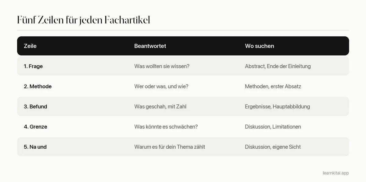 Fünf-Zeilen-Vorlage zum Zusammenfassen eines Fachartikels: Frage, Methode, Befund, Einschränkung, Bedeutung