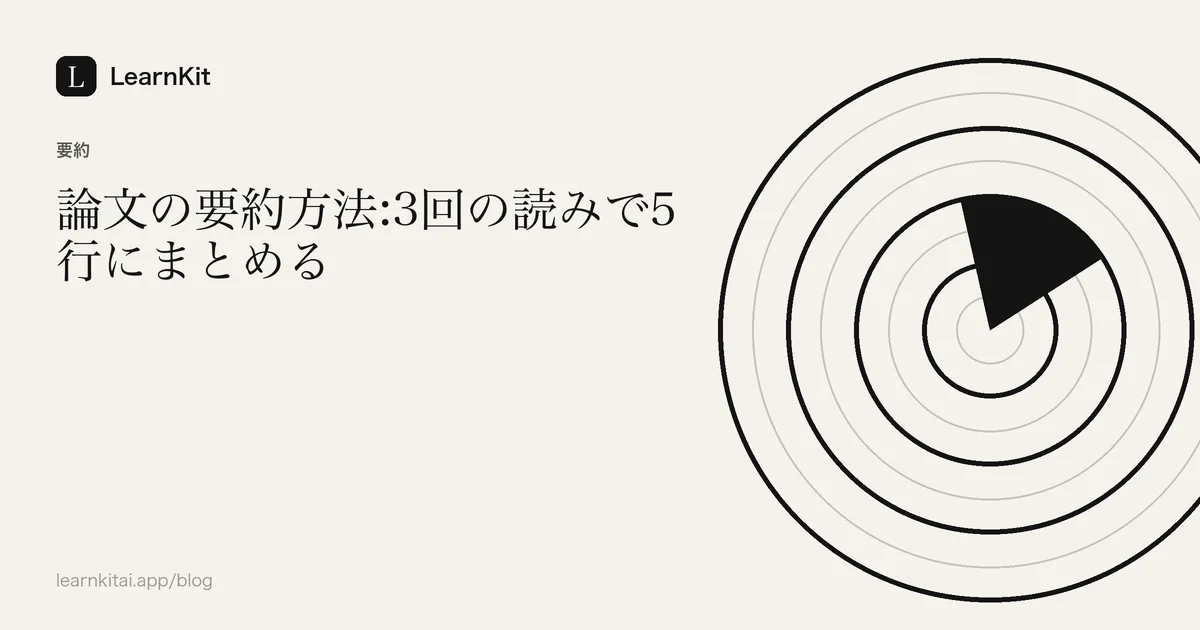 落ち着いたモノクロの模様の上に、記事のタイトル「論文の要約方法:3回の読みで5行にまとめる」を配置したカバー画像