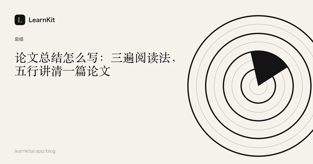 标题《论文总结怎么写:三遍阅读法,五行讲清一篇论文》,置于宁静的黑白图案之上