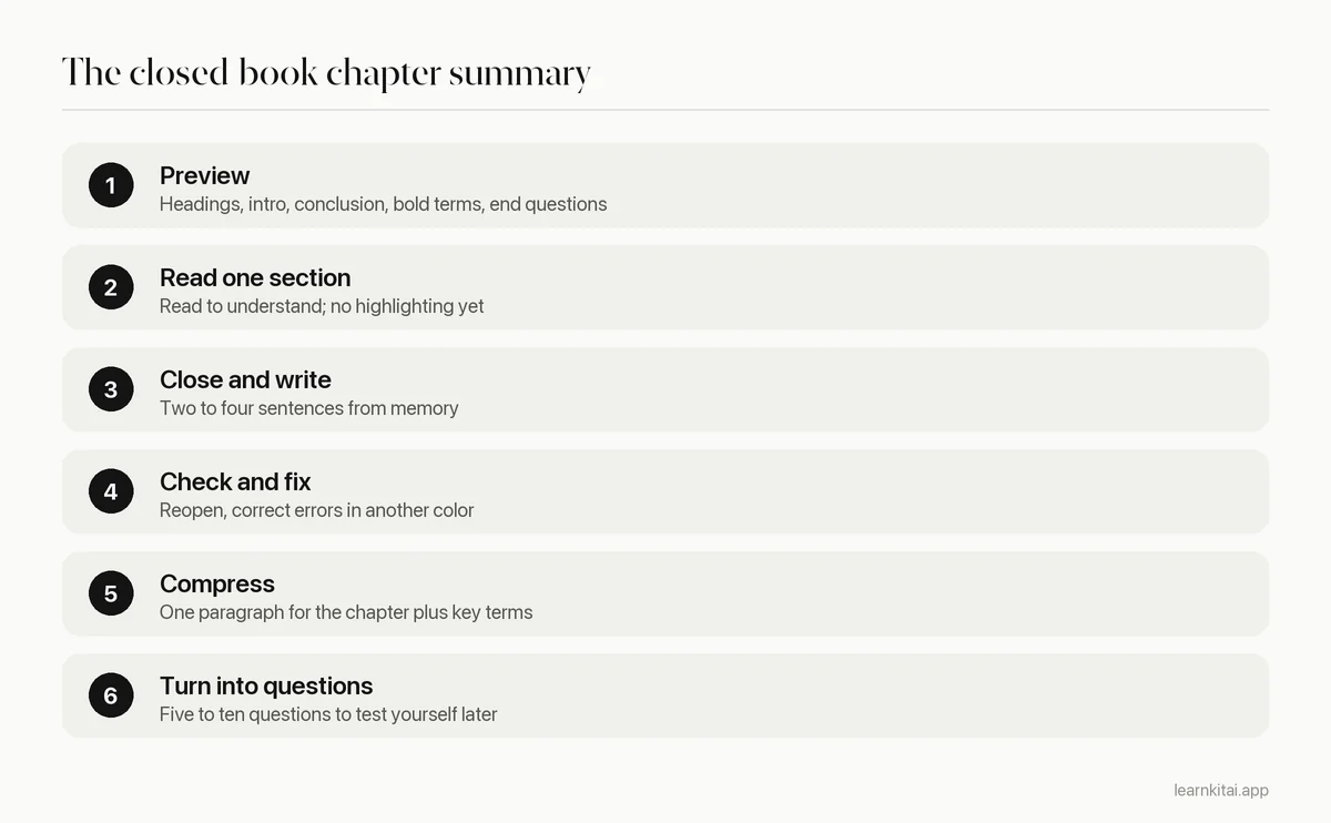 Six steps of the closed-book method for summarizing a textbook chapter