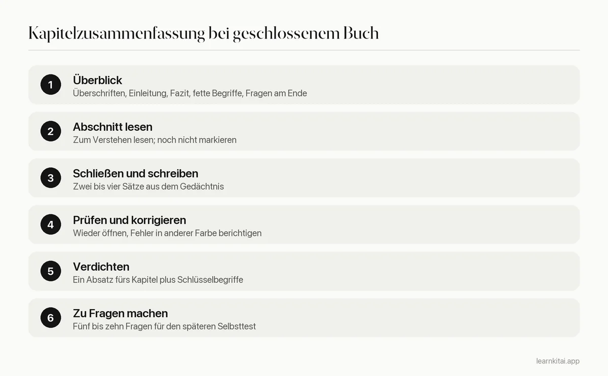 Sechs Schritte der Methode bei geschlossenem Buch zum Zusammenfassen eines Lehrbuchkapitels