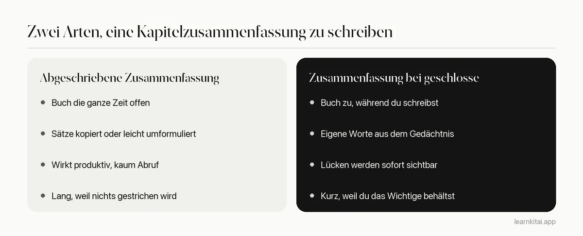Vergleich einer abgeschriebenen Zusammenfassung mit einer Zusammenfassung bei geschlossenem Buch zu einem Lehrbuchkapitel
