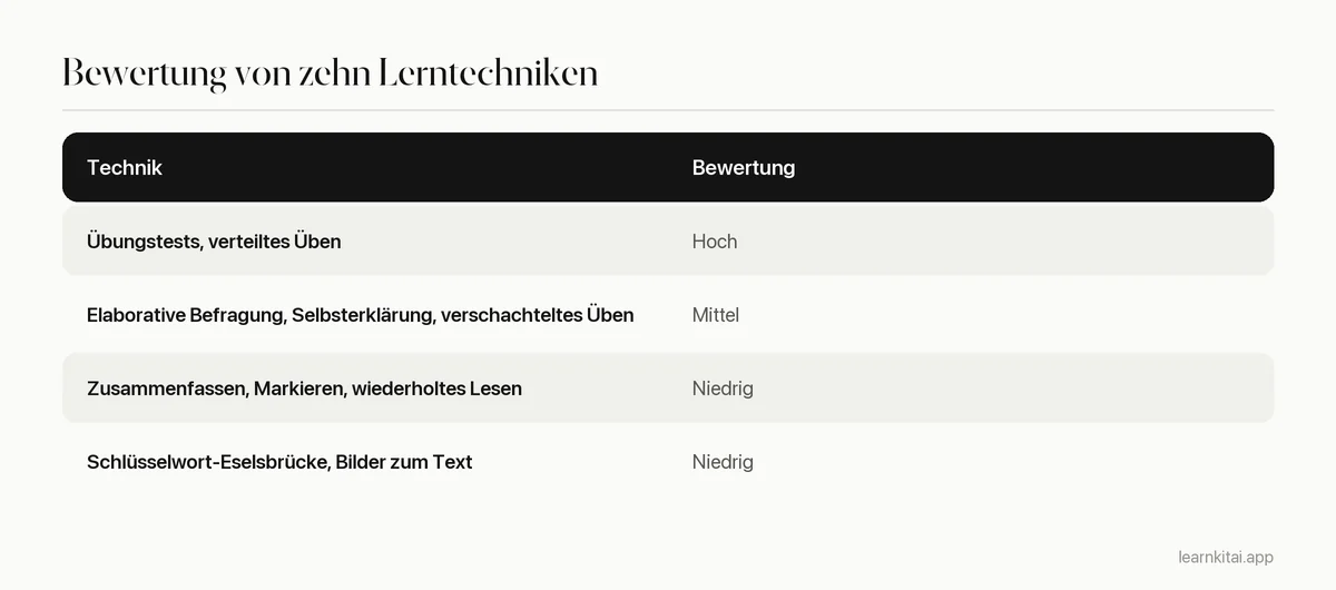 Tabelle mit Lerntechniken und ihrer Nutzenbewertung nach Dunlosky und Kollegen 2013