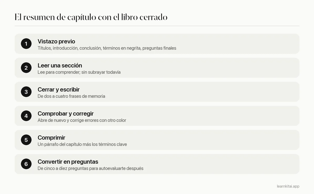 Seis pasos del método del libro cerrado para resumir un capítulo de un libro de texto