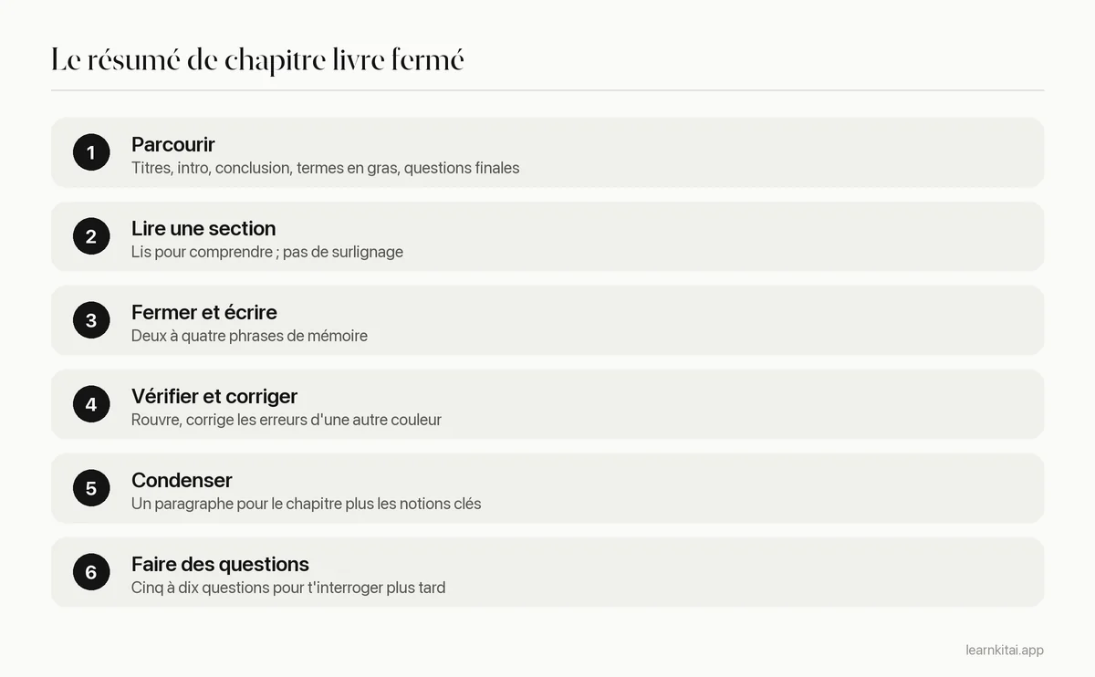 Six étapes de la méthode livre fermé pour résumer un chapitre de manuel