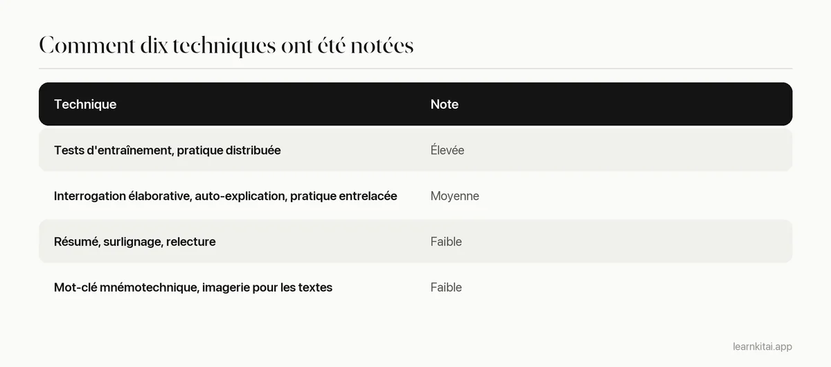 Tableau des techniques d'étude et de leur note d'utilité selon Dunlosky et ses collègues en 2013