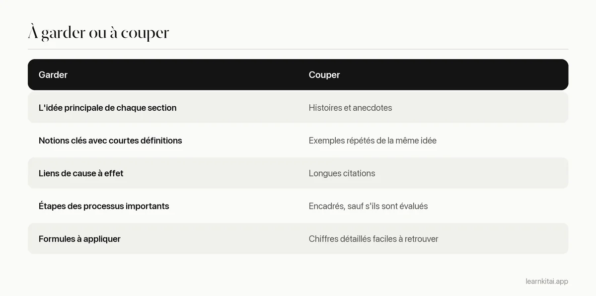 Tableau montrant ce qu'il faut inclure dans un résumé de chapitre et ce qu'il faut laisser de côté