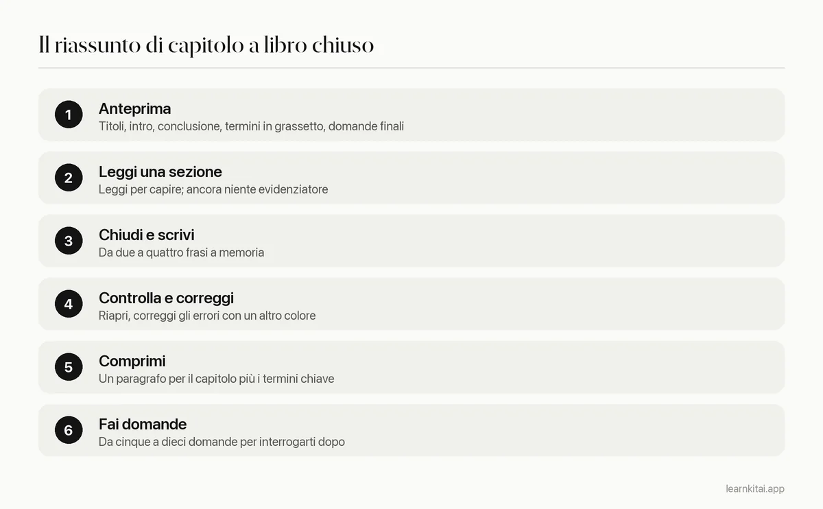 Sei passi del metodo a libro chiuso per riassumere il capitolo di un manuale