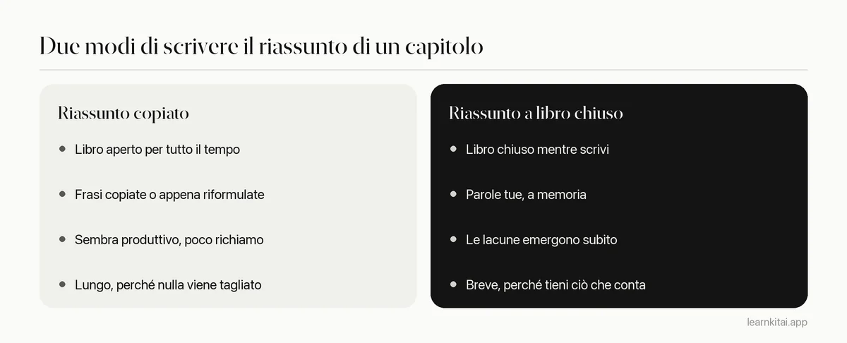 Confronto tra un riassunto copiato e un riassunto a libro chiuso di un capitolo di manuale