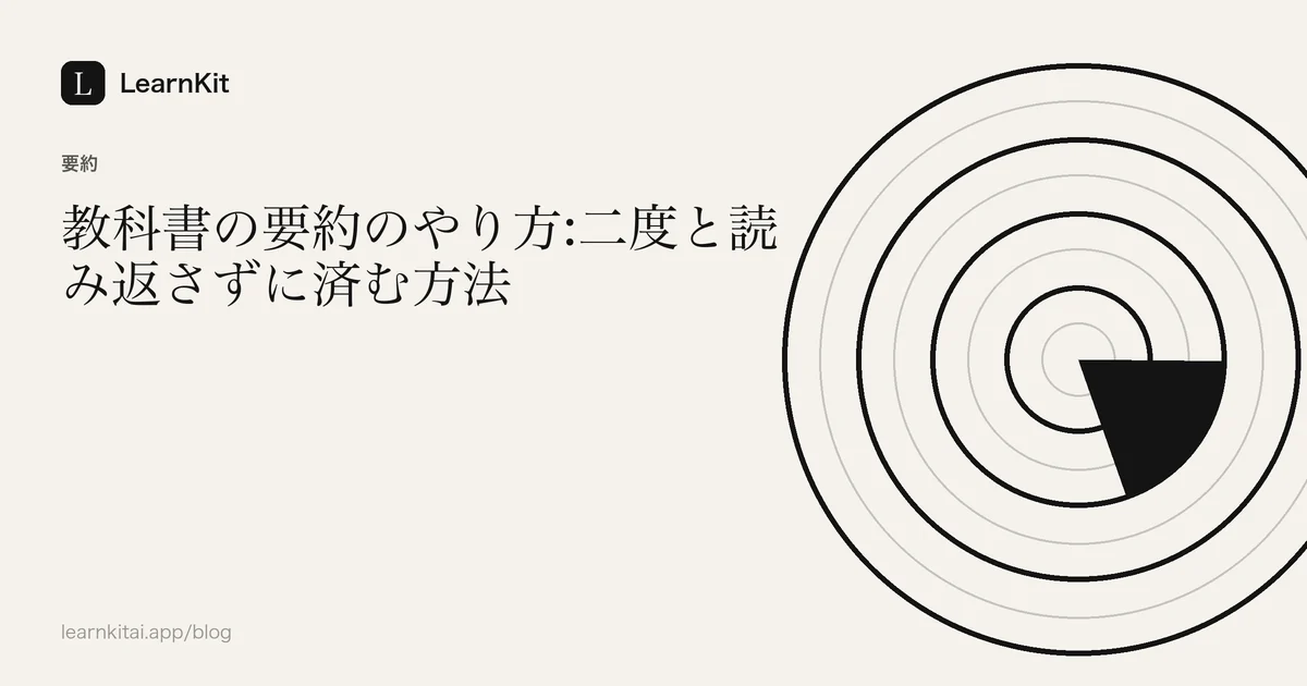 落ち着いたモノクロの模様の上に、記事のタイトル「教科書の要約のやり方:二度と読み返さずに済む方法」を配置したカバー画像