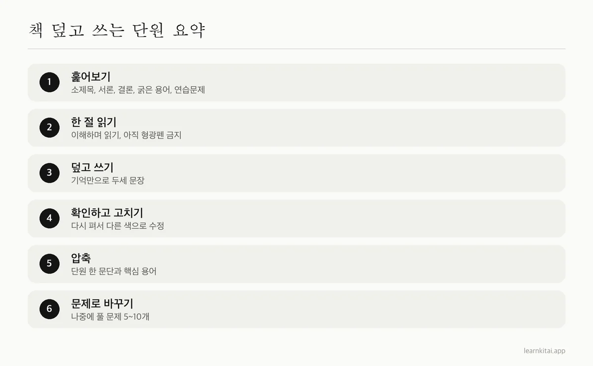 교과서 단원을 요약하는 책 덮고 쓰기 방법의 여섯 단계