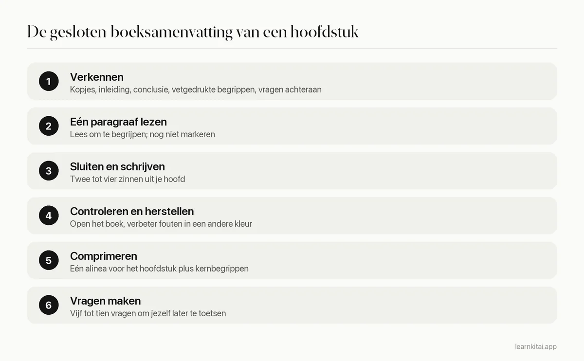 Zes stappen van de gesloten-boekmethode om een studieboekhoofdstuk samen te vatten