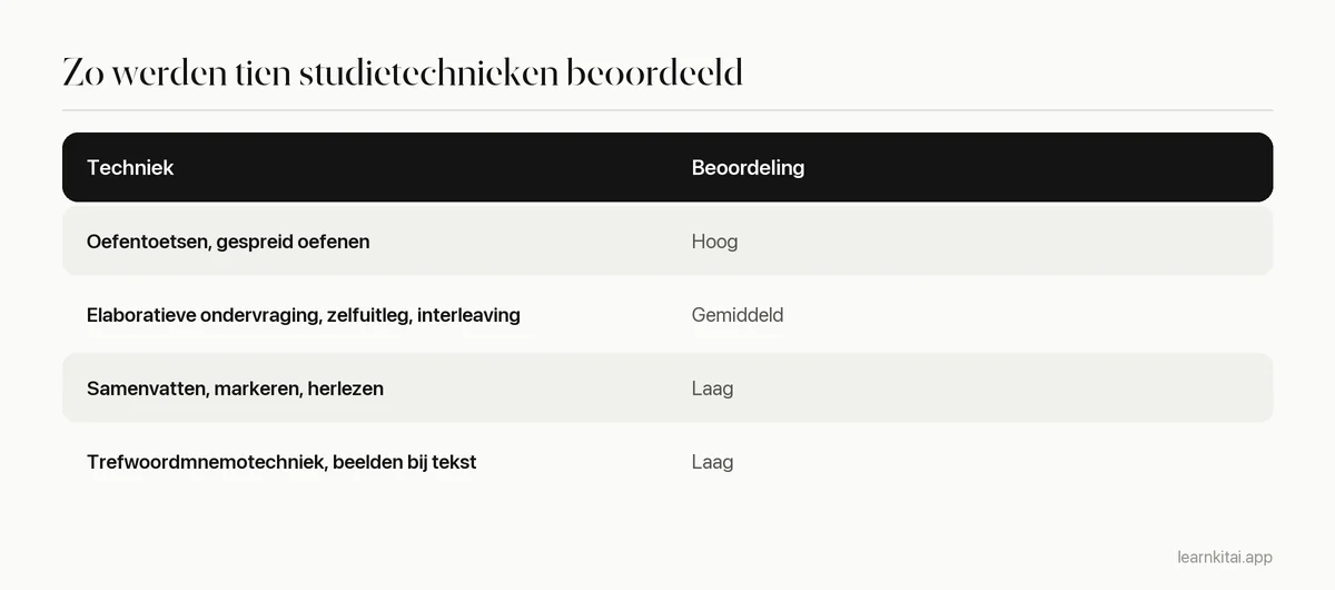 Tabel met studietechnieken en hun nuttigheidsbeoordelingen volgens Dunlosky en collega's uit 2013